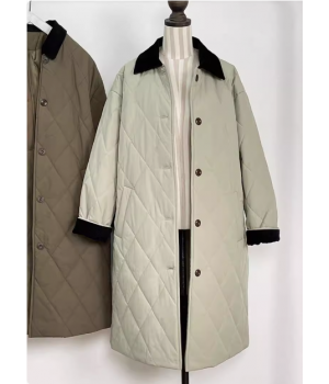 Women's diamond quilted cotton jacket, warm long corduroy lapel straight cotton jacket